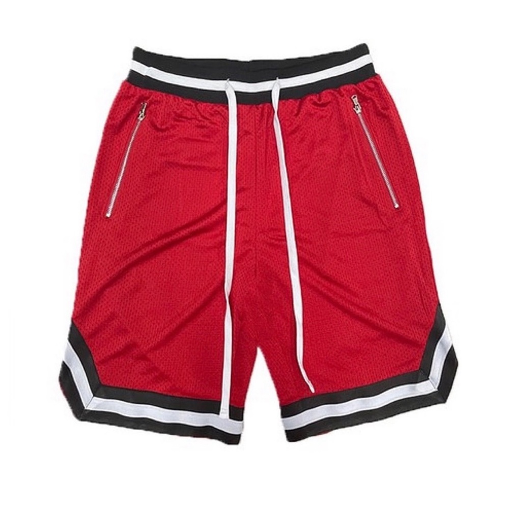 MENS RED STRIPE MESH BASKETBALL SHORTS